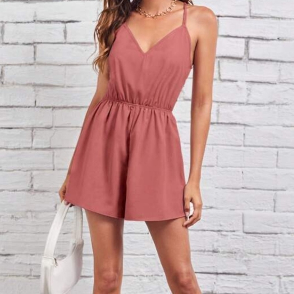 Rusty Rose Criss Cross Open Back Feminine Lightweight Shorts Romper Size S
